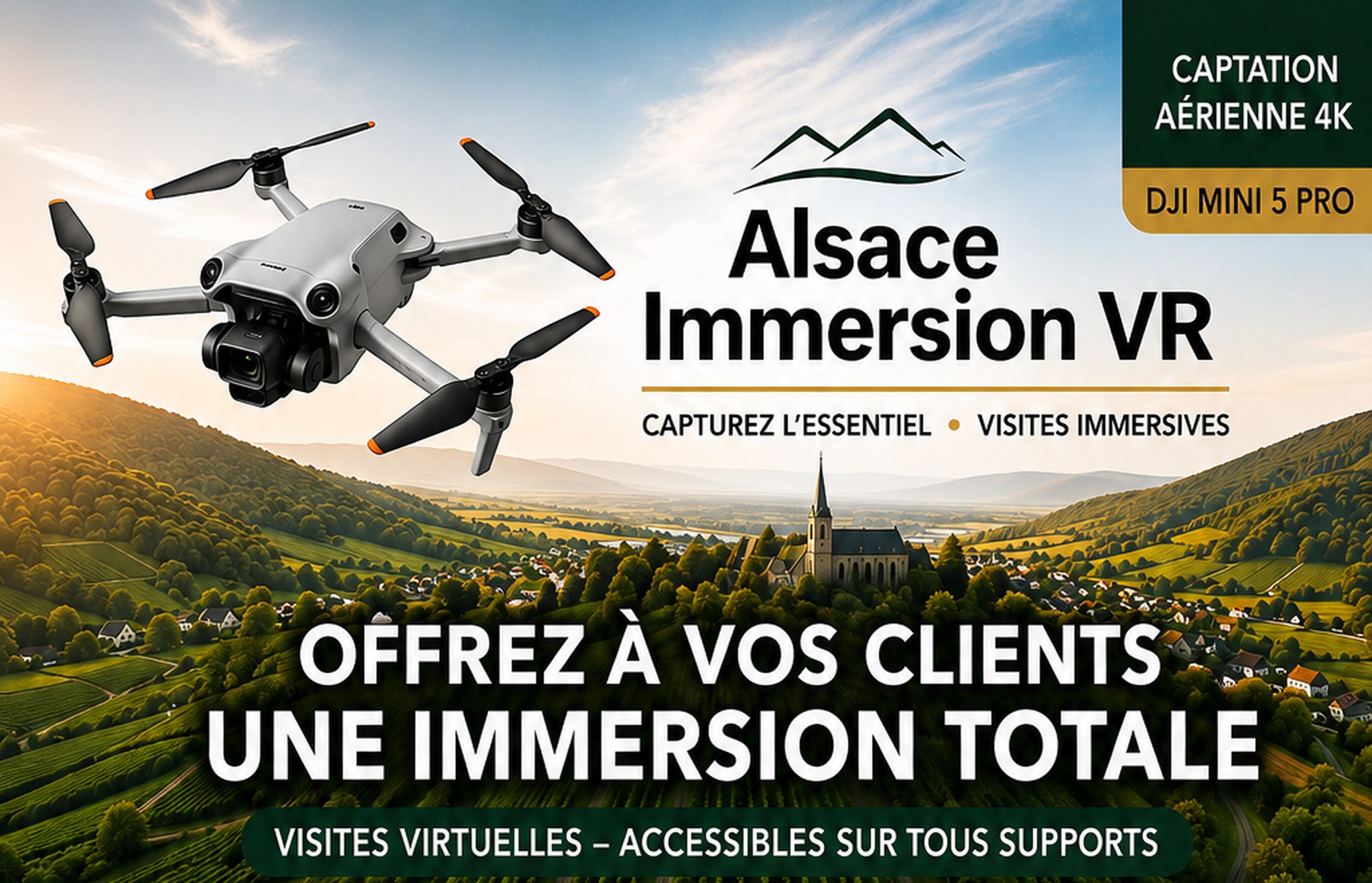 Alsace Immersion VR — Offrez à vos clients une immersion totale. Captation aérienne 4K par drone DJI Mini 5 Pro.